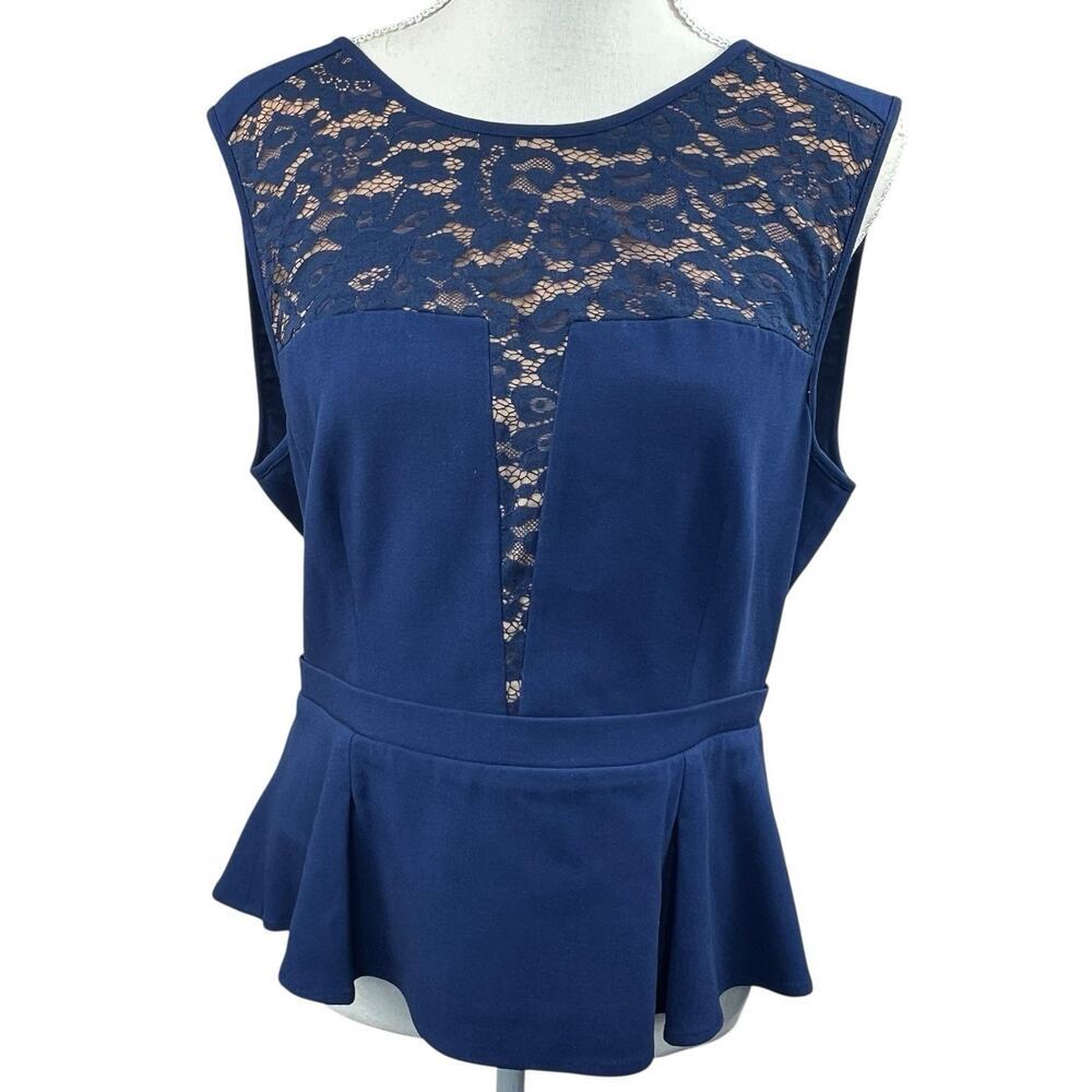 BCBG Maxazria Blue Ives Sleeveless Lace Peplum Hem Blouse Top Size L